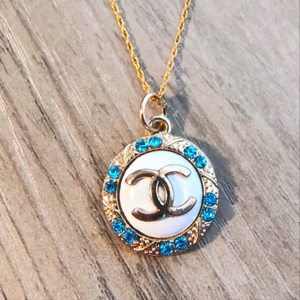 CHANEL Gold & Blue Crystal Zipper Pull Pendant/18k Gold Chain
